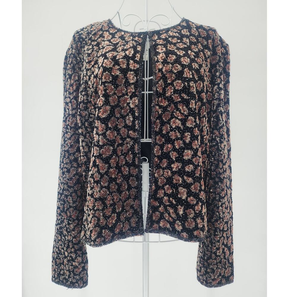 Papell Boutique Evening Black Floral Velvet Sequin Jacket Women’s Size L